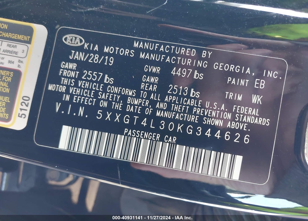 2019 KIA OPTIMA VIN: 5XXGT4L30KG344626