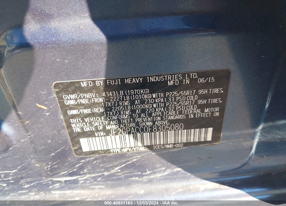 2015 SUBARU XV CROSSTREK 2.0I PREMIUM VIN: JF2GPACC0F8305080