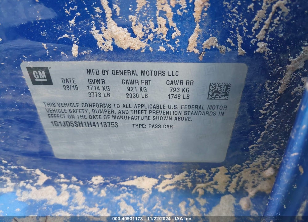 2017 CHEVROLET SONIC LT AUTO VIN: 1G1JD5SH1H4113753