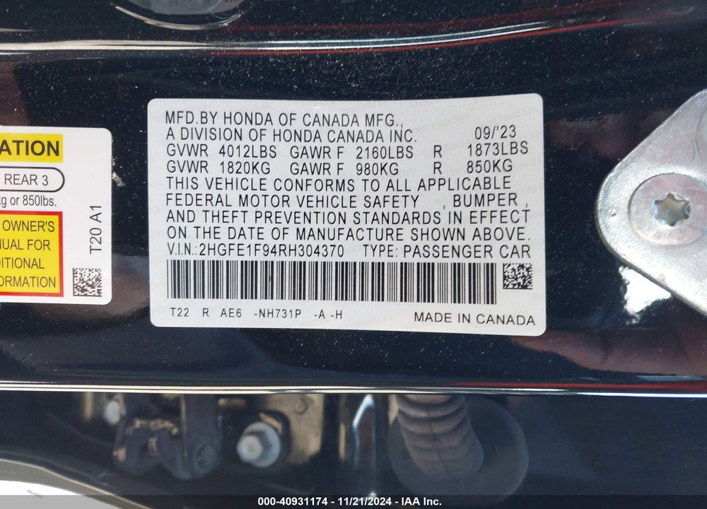 2024 HONDA CIVIC TOURING VIN: 2HGFE1F94RH304370