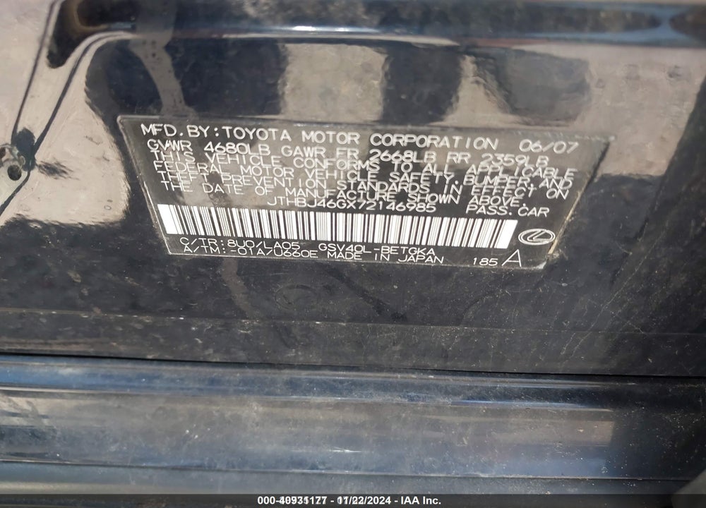 2007 LEXUS ES 350 VIN: JTHBJ46GX72146985
