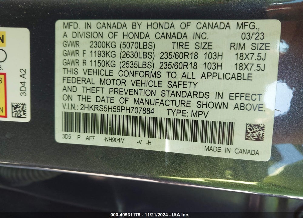 2023 HONDA CR-V HYBRID SPORT VIN: 2HKRS5H59PH707884