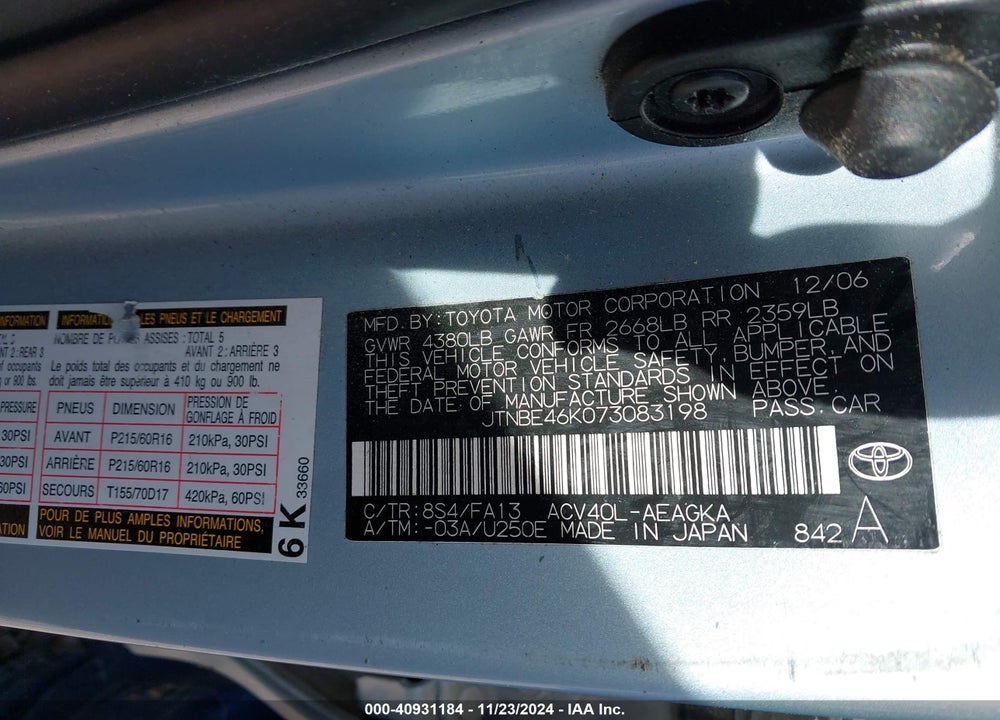 2007 TOYOTA CAMRY XLE VIN: JTNBE46K073083198