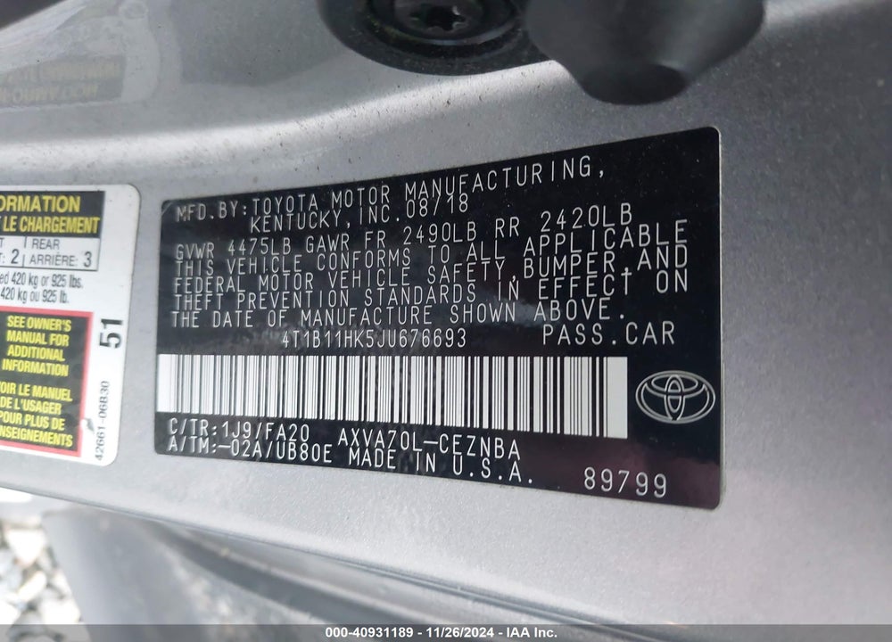 2018 TOYOTA CAMRY LE VIN: 4T1B11HK5JU676693