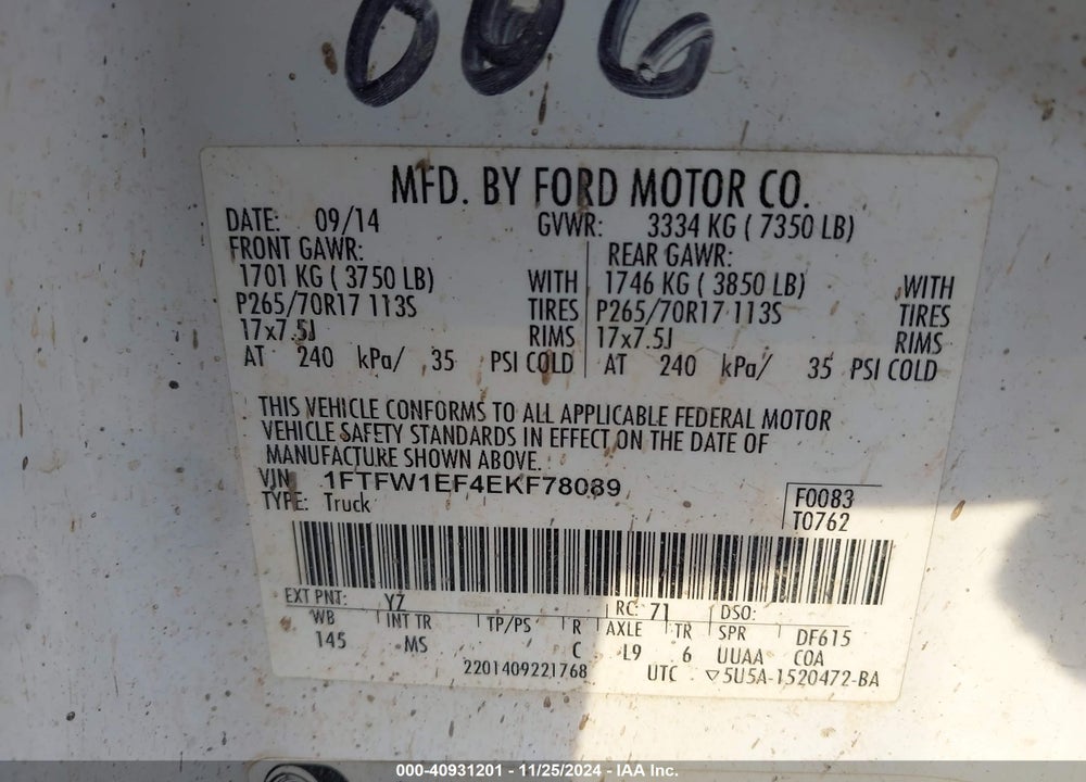 2014 FORD F-150 XLT VIN: 1FTFW1EF4EKF78089
