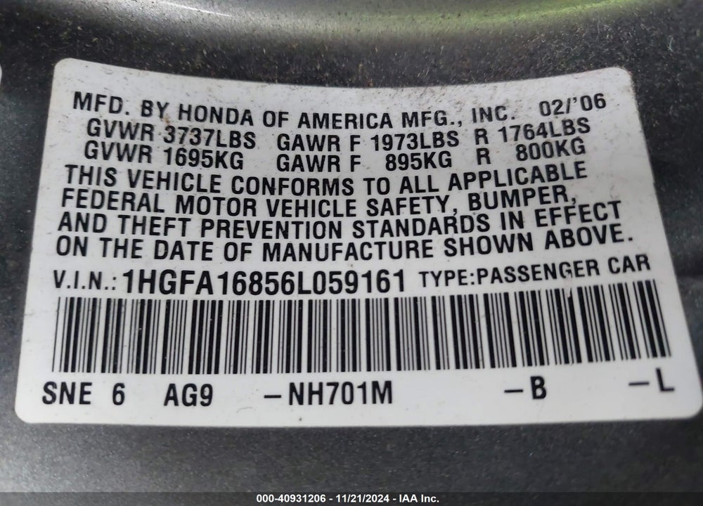 2006 HONDA CIVIC EX VIN: 1HGFA16856L059161