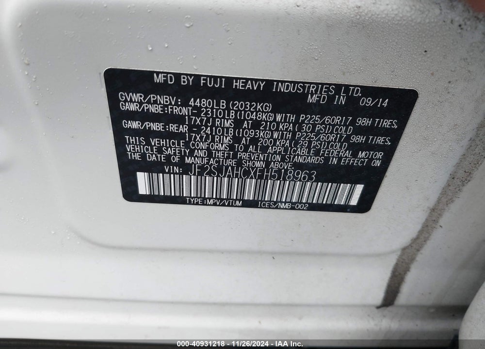 2015 SUBARU FORESTER 2.5I LIMITED VIN: JF2SJAHCXFH518963
