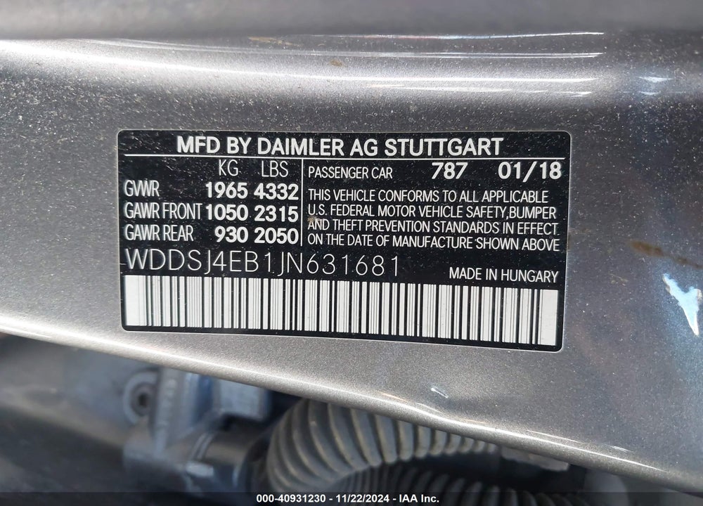 2018 MERCEDES-BENZ CLA 250 VIN: WDDSJ4EB1JN631681