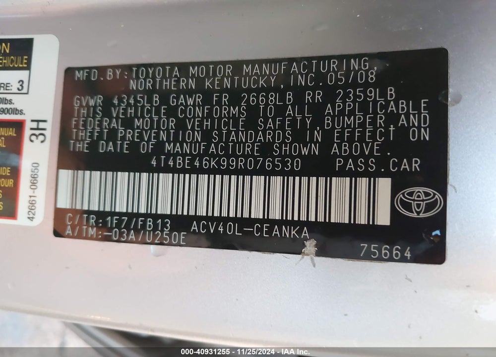 2009 TOYOTA CAMRY LE VIN: 4T4BE46K99R076530