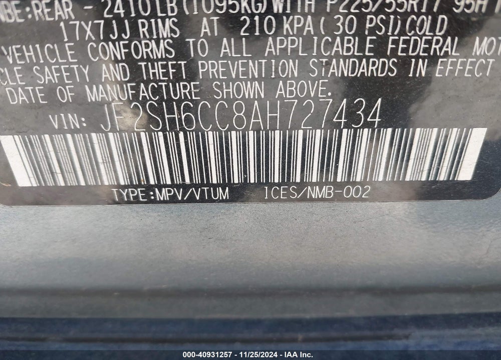 2010 SUBARU FORESTER 2.5X PREMIUM VIN: JF2SH6CC8AH727434