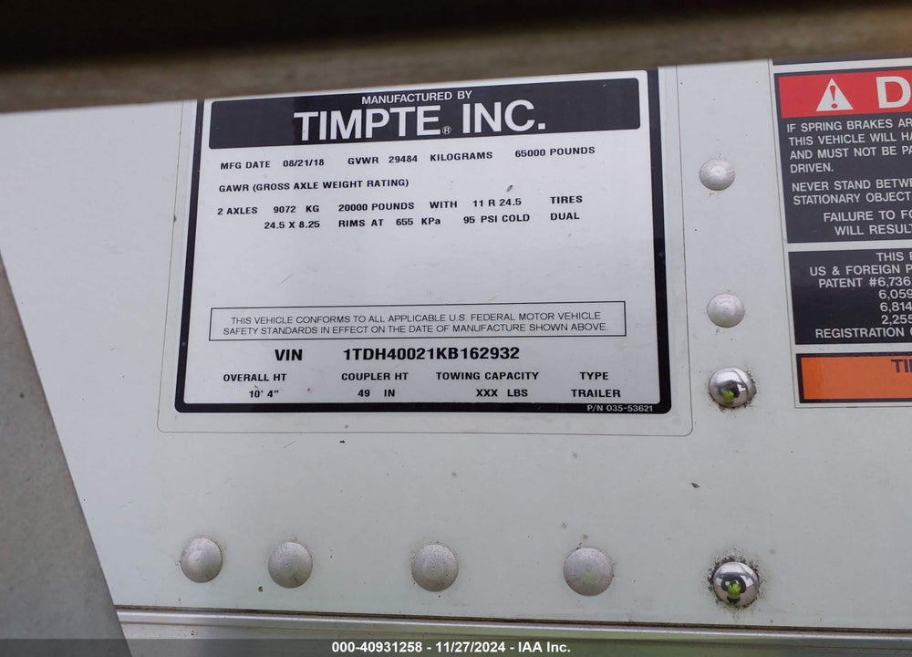 2019 TIMPTE --- VIN: 1TDH40021KB162932