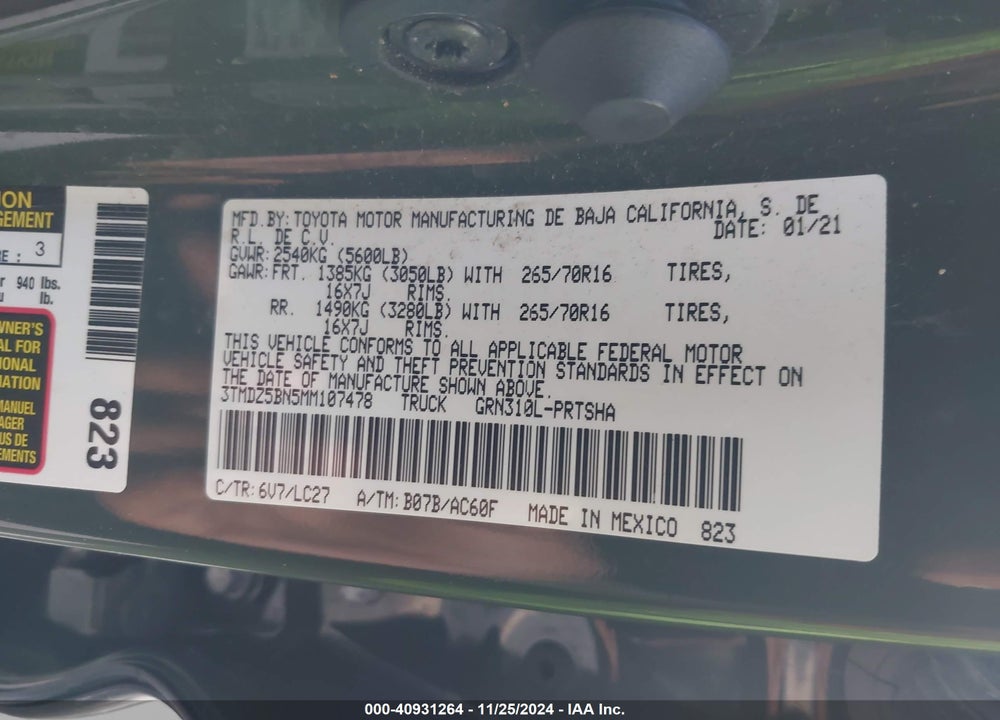 2021 TOYOTA TACOMA VIN: 3TMDZ5BN5MM107478