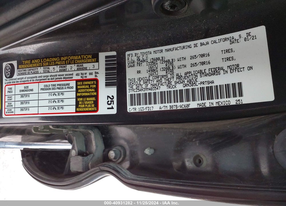 2021 TOYOTA TACOMA VIN: 3TMCZ5AN3MM403547