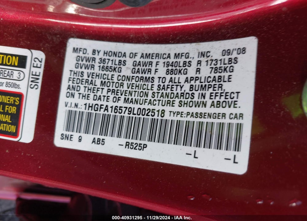 2009 HONDA CIVIC LX VIN: 1HGFA16579L002518