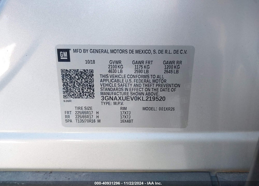 2019 CHEVROLET EQUINOX LT VIN: 3GNAXUEV0KL219520