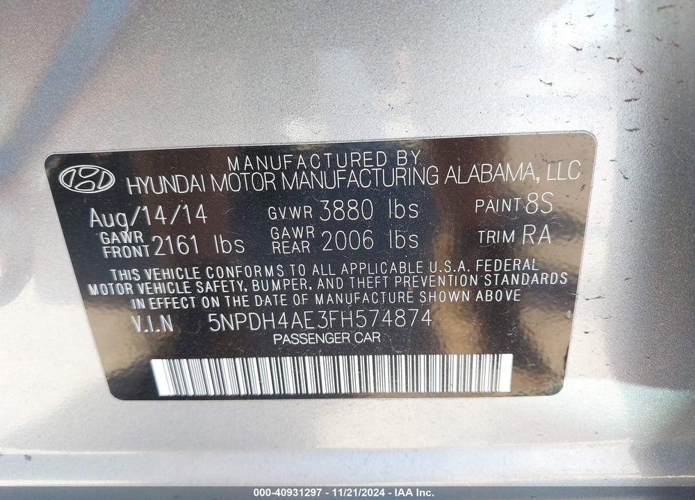 2015 HYUNDAI ELANTRA LIMITED VIN: 5NPDH4AE3FH574874