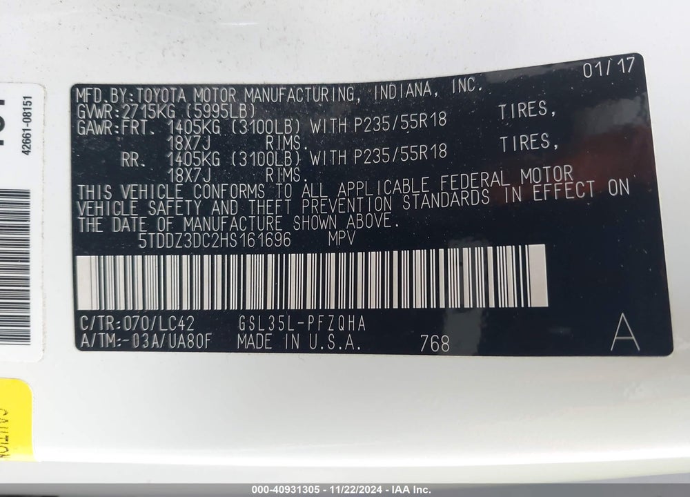 2017 TOYOTA SIENNA XLE LIMITED VIN: 5TDDZ3DC2HS161696