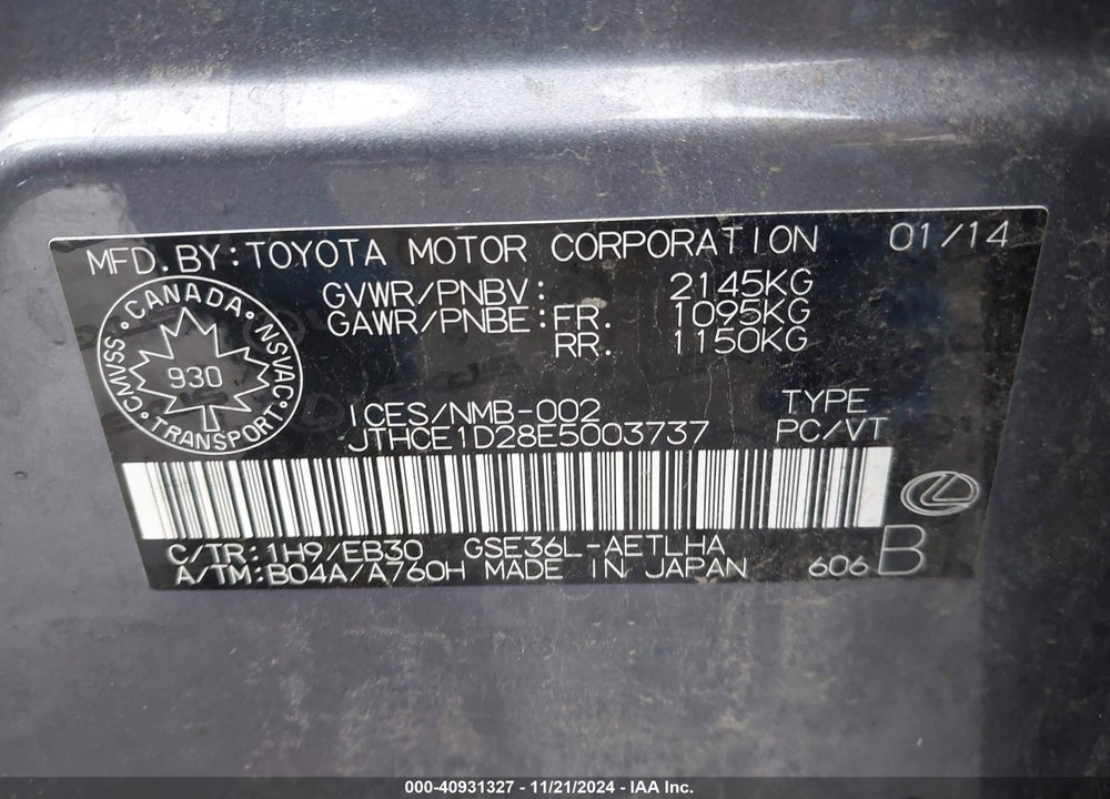 2014 LEXUS IS 350 VIN: JTHCE1D28E5003737