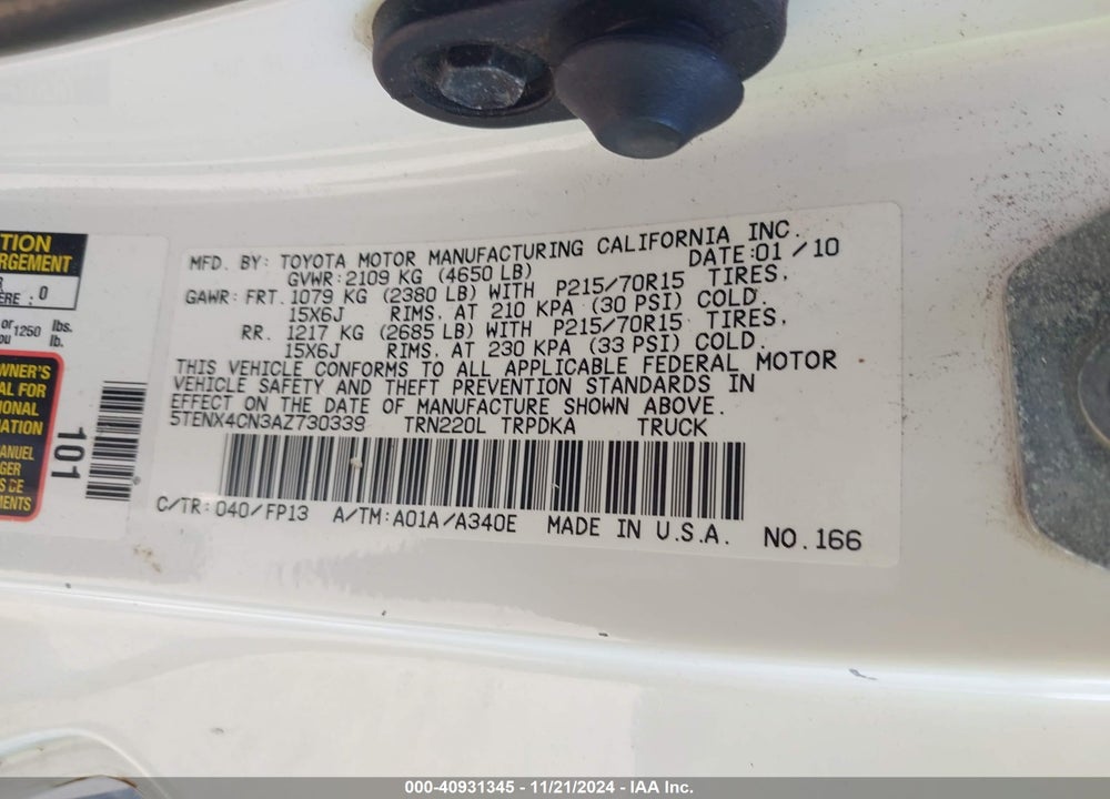 2010 TOYOTA TACOMA VIN: 5TENX4CN3AZ730339