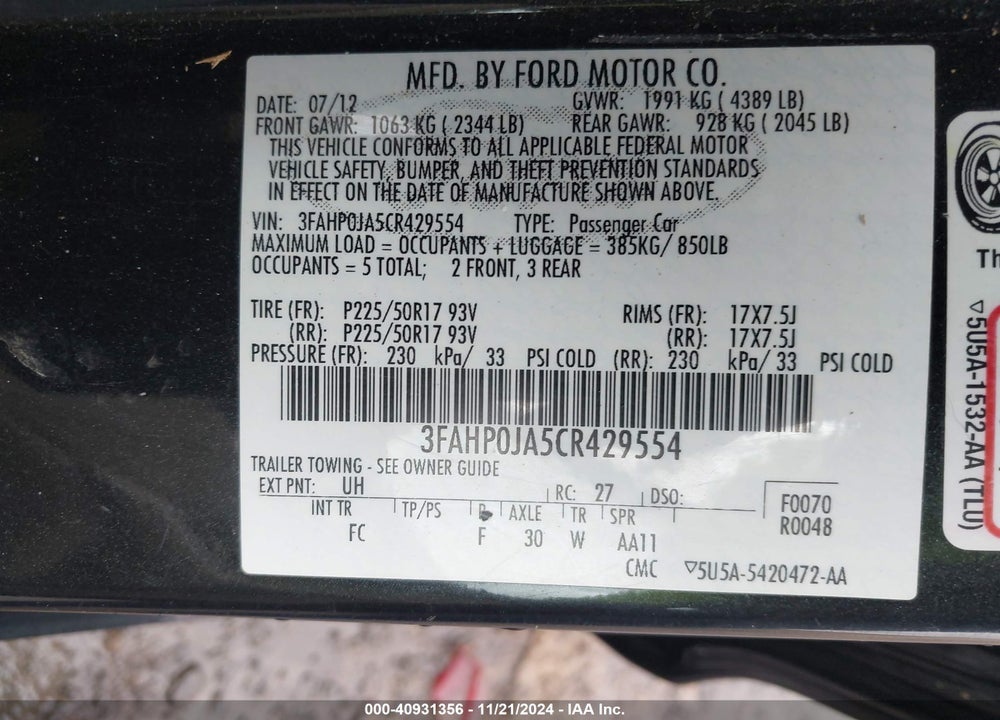 2012 FORD FUSION SEL VIN: 3FAHP0JA5CR429554
