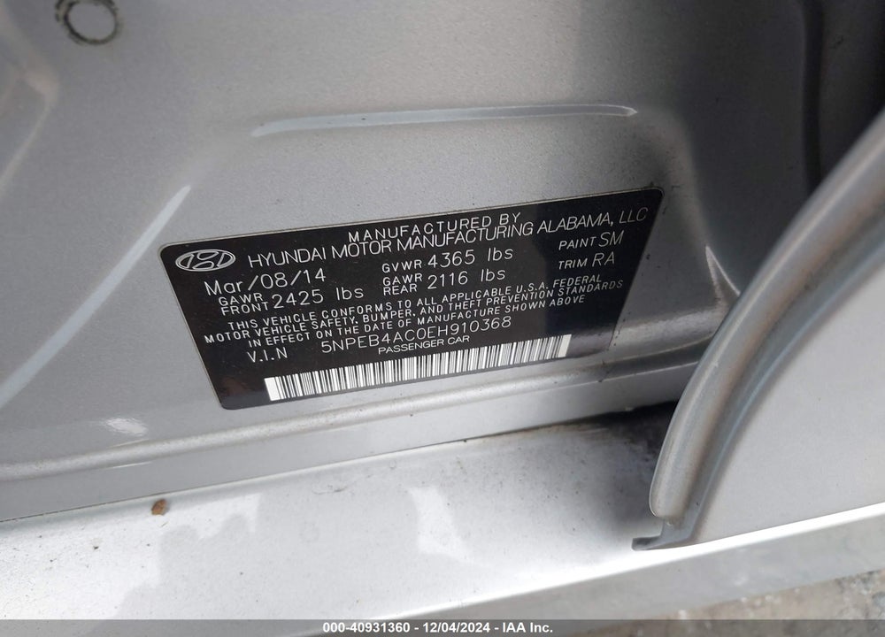 2014 HYUNDAI SONATA GLS VIN: 5NPEB4AC0EH910368
