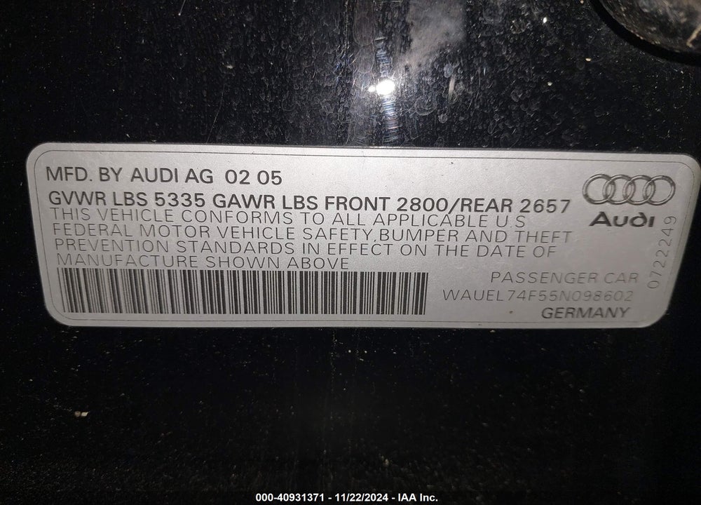 2005 AUDI A6 4.2 VIN: WAUEL74F55N098602