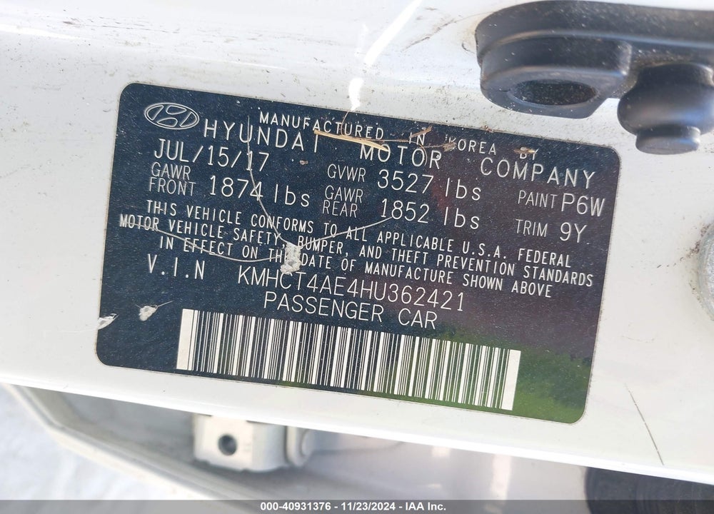 2017 HYUNDAI ACCENT VALUE EDITION VIN: KMHCT4AE4HU362421