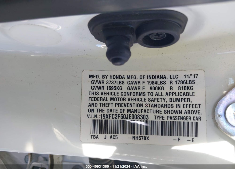 2018 HONDA CIVIC LX VIN: 19XFC2F50JE008303