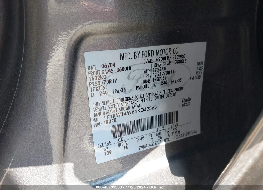 2004 FORD F-150 XLT VIN: 1FTRW14W64KD42363