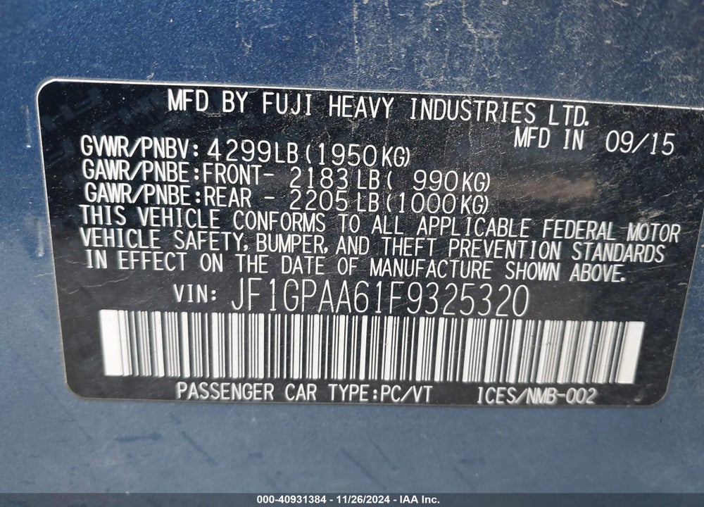 2015 SUBARU IMPREZA 2.0I VIN: JF1GPAA61F9325320