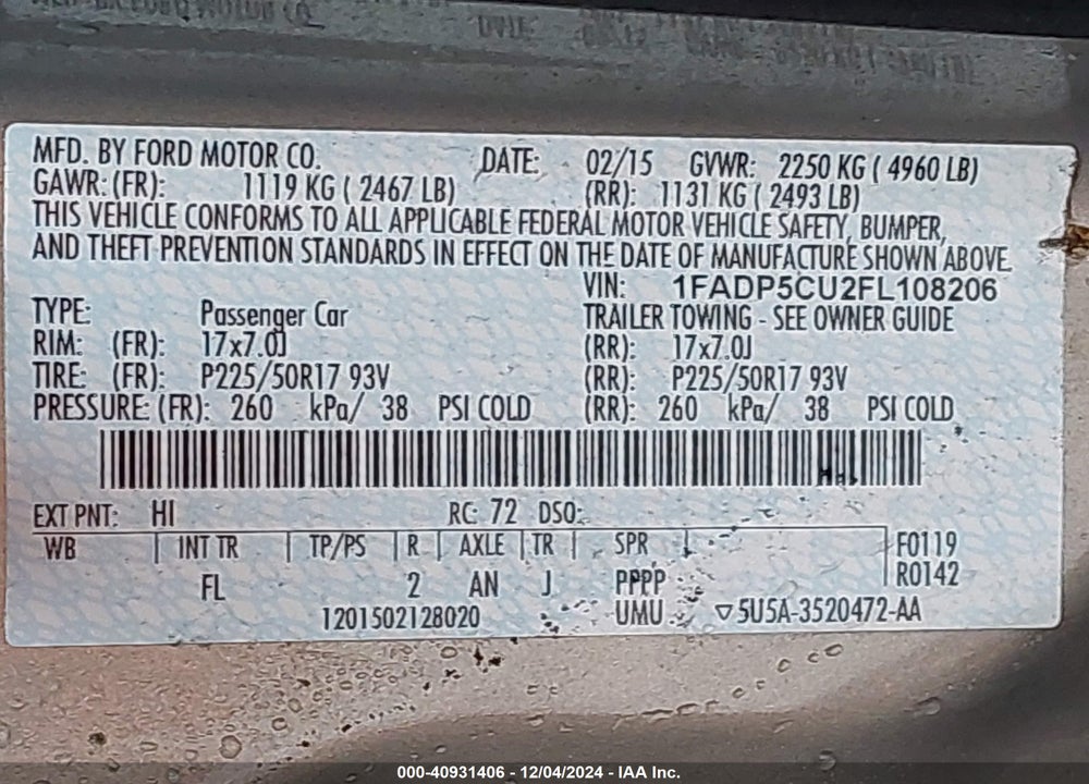 2015 FORD C-MAX ENERGI VIN: 1FADP5CU2FL108206