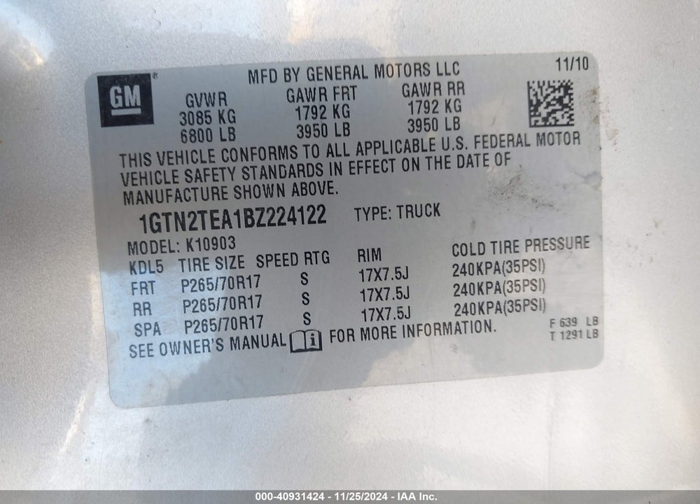 2011 GMC SIERRA 1500 WORK TRUCK VIN: 1GTN2TEA1BZ224122