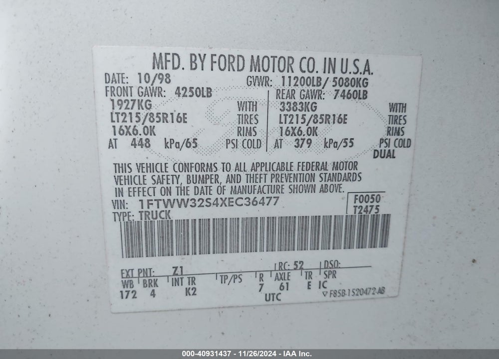 1999 FORD F-350 LARIAT/XL/XLT VIN: 1FTWW32S4XEC36477