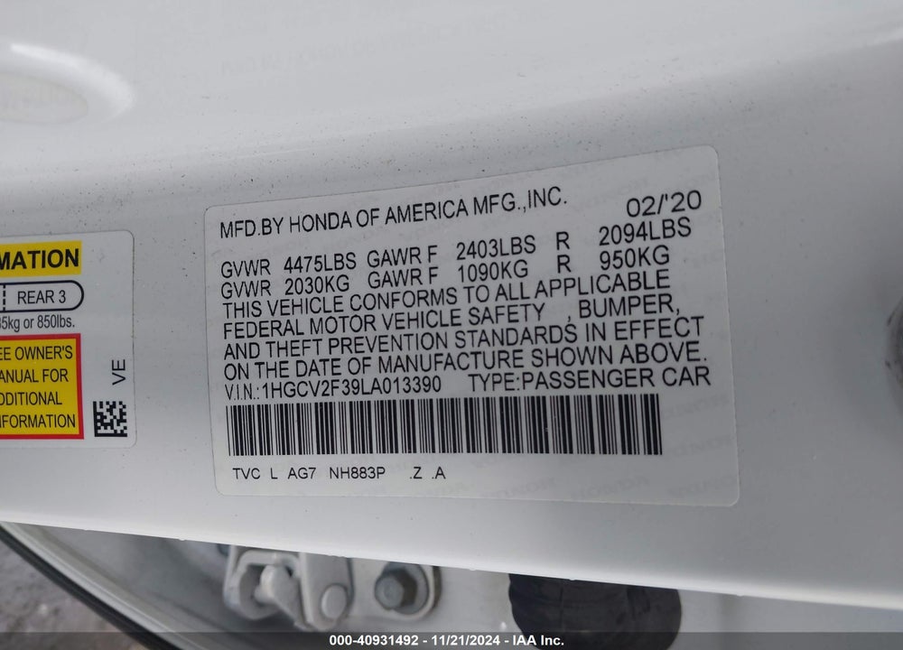2020 HONDA ACCORD SPORT 2.0T VIN: 1HGCV2F39LA013390