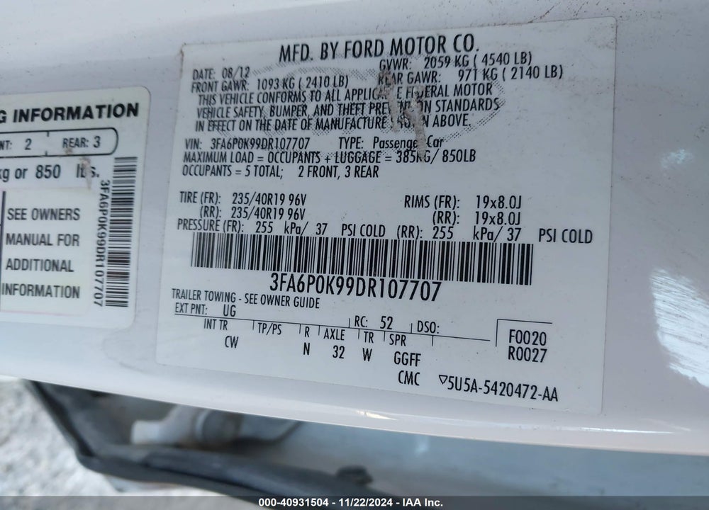 2013 FORD FUSION TITANIUM VIN: 3FA6P0K99DR107707