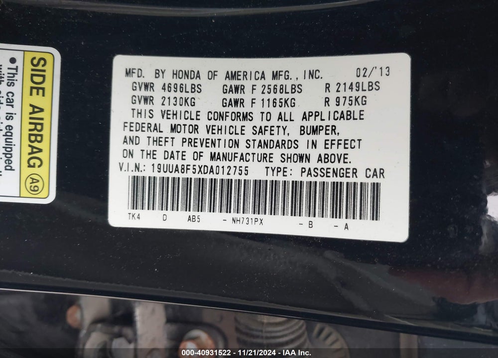 2013 ACURA TL 3.5 VIN: 19UUA8F5XDA012755