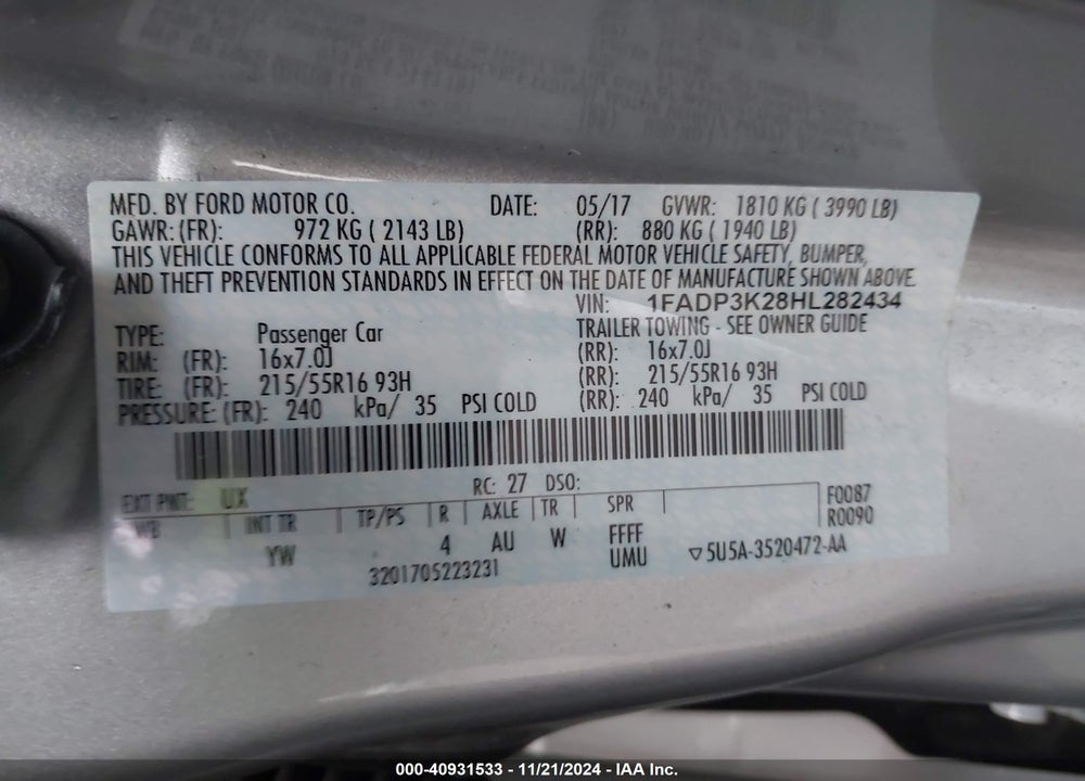2017 FORD FOCUS SE VIN: 1FADP3K28HL282434