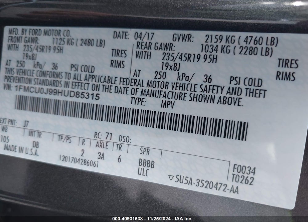 2017 FORD ESCAPE TITANIUM VIN: 1FMCU0J99HUD85315