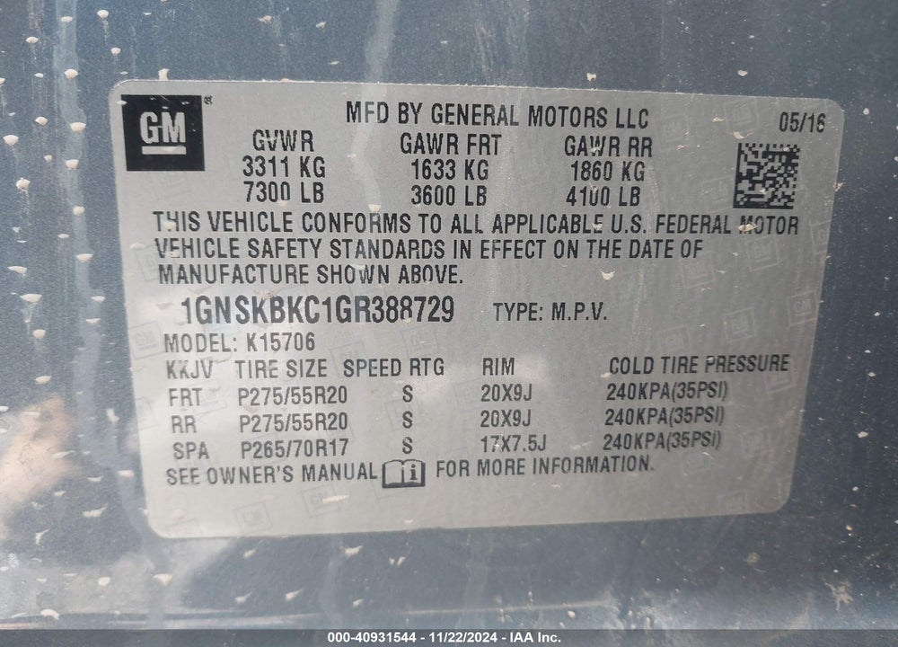 2016 CHEVROLET TAHOE LT VIN: 1GNSKBKC1GR388729