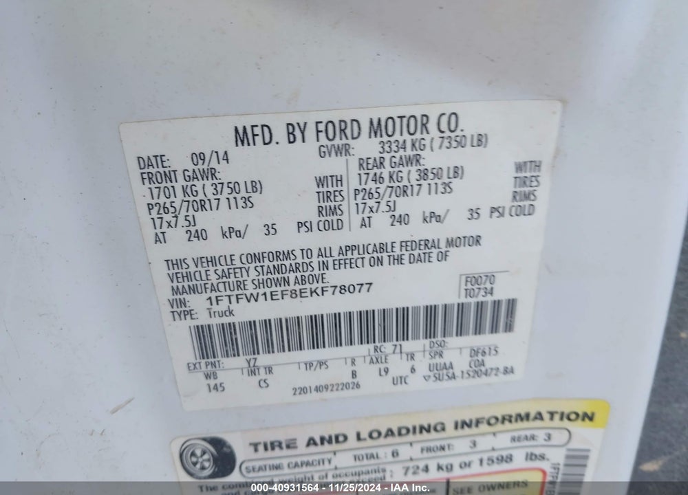 2014 FORD F-150 XL VIN: 1FTFW1EF8EKF78077