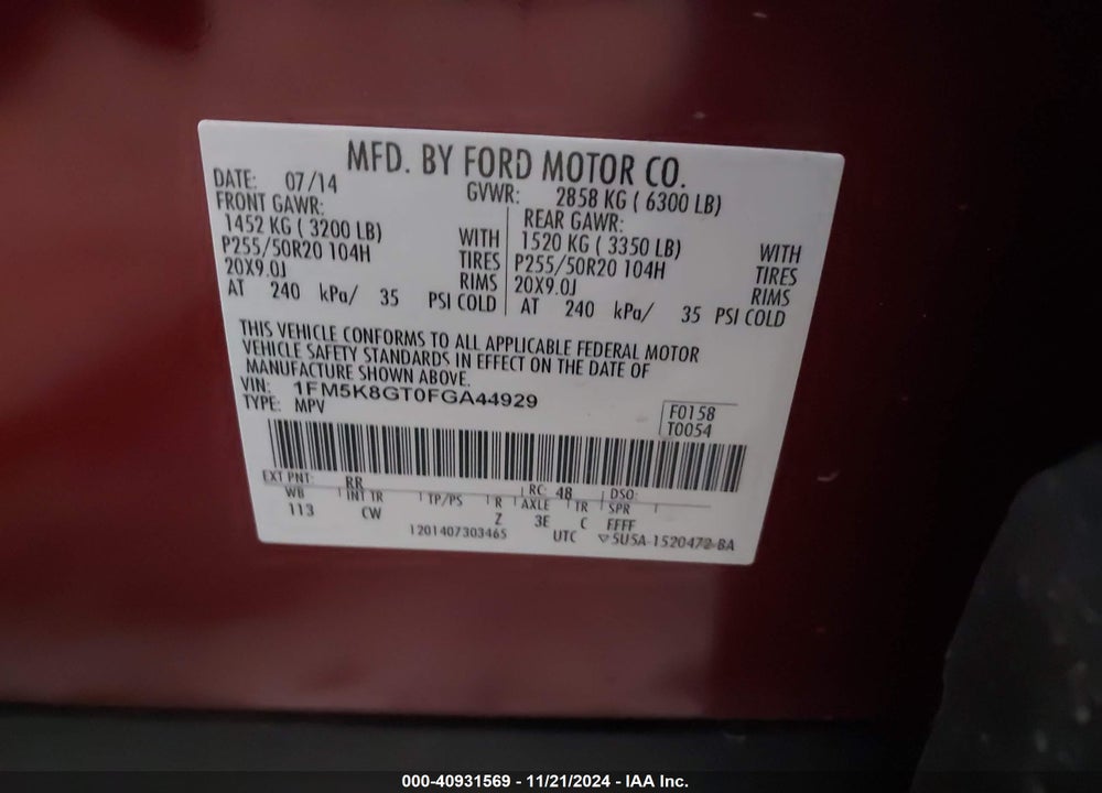 2015 FORD EXPLORER SPORT VIN: 1FM5K8GT0FGA44929