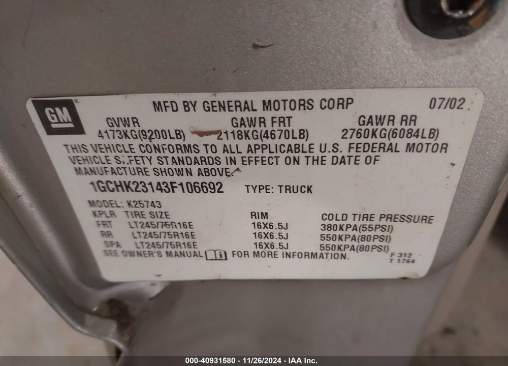 2003 CHEVROLET SILVERADO 2500HD LS VIN: 1GCHK23143F106692