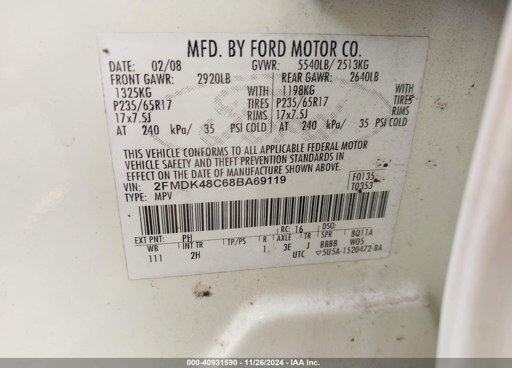 2008 FORD EDGE SEL VIN: 2FMDK48C68BA69119