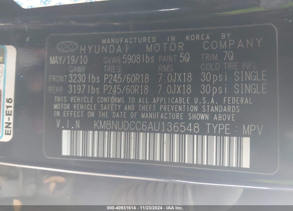2010 HYUNDAI VERACRUZ LIMITED VIN: KM8NUDCC6AU136548