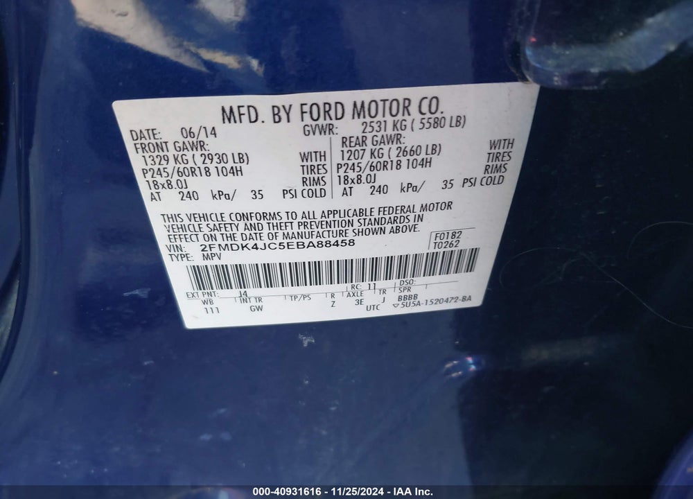 2014 FORD EDGE SEL VIN: 2FMDK4JC5EBA88458