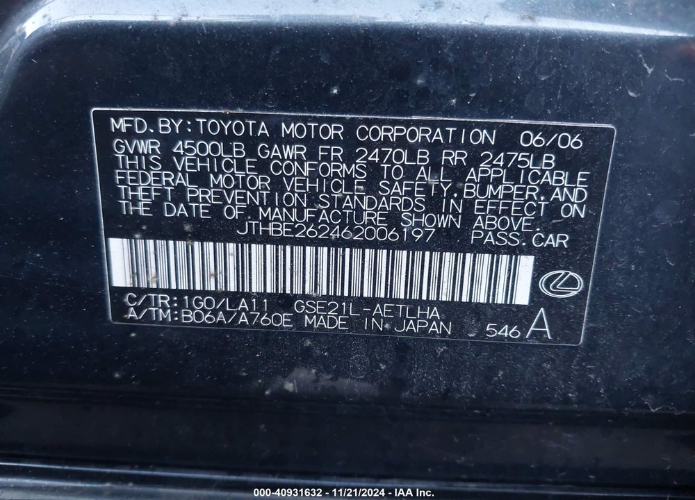 2006 LEXUS IS 350 VIN: JTHBE262462006197