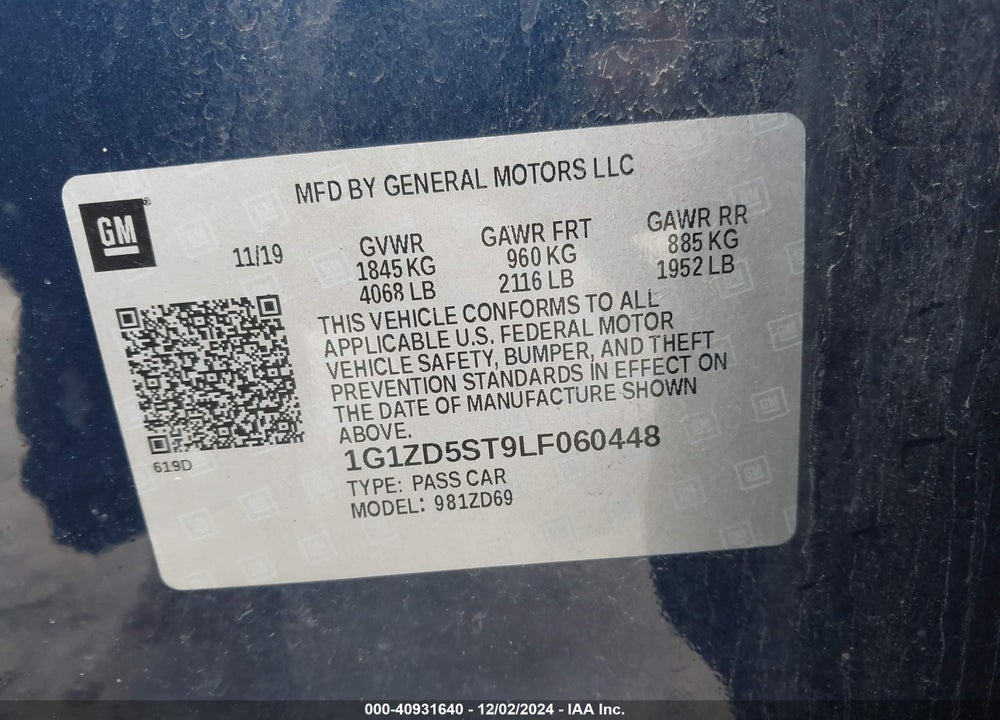 2020 CHEVROLET MALIBU FWD LT VIN: 1G1ZD5ST9LF060448