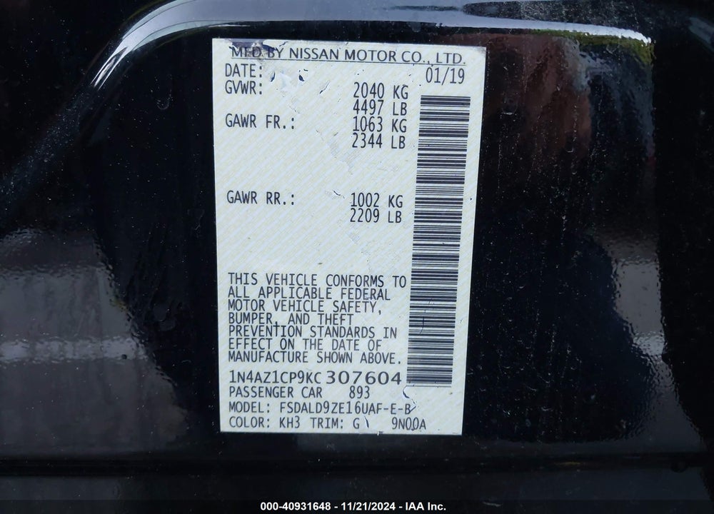 2019 NISSAN LEAF SV VIN: 1N4AZ1CP9KC307604
