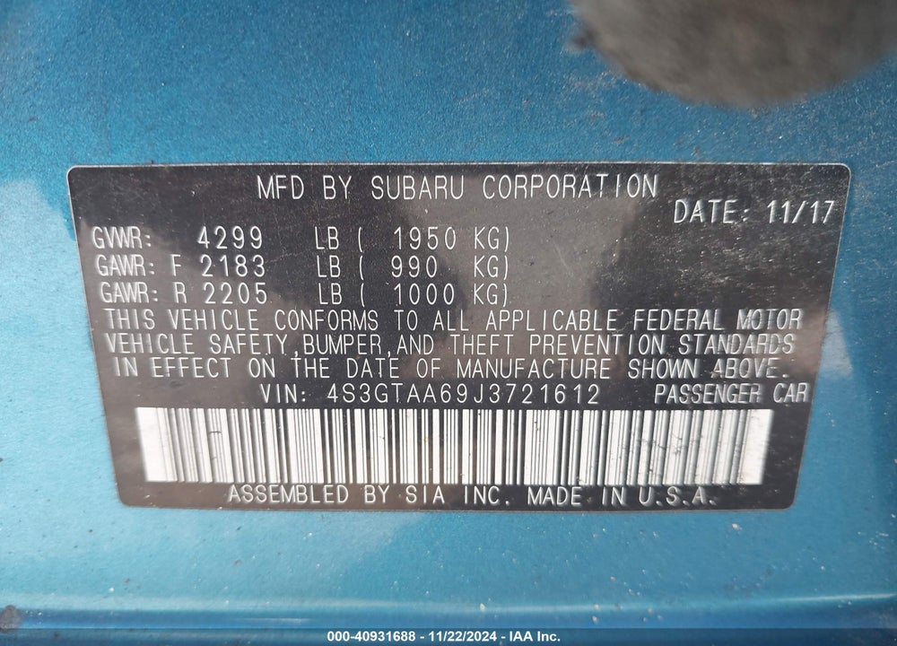 2018 SUBARU IMPREZA 2.0I VIN: 4S3GTAA69J3721612