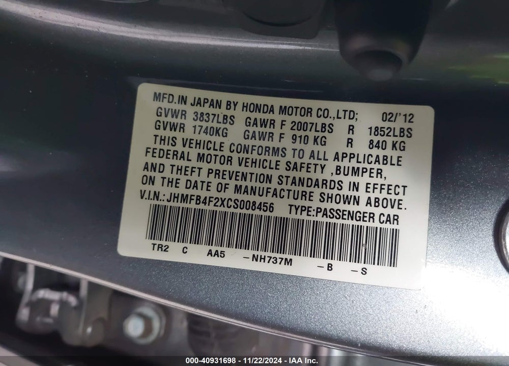 2012 HONDA CIVIC HYBRID VIN: JHMFB4F2XCS008456